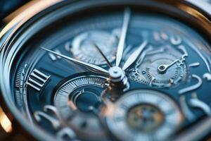 Close-up of intricate watch mechanism, showcasing details of hands, dials, and gears. photo