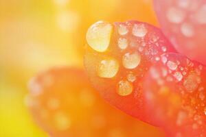 Close-up of dew drops on vibrant flower petal. photo