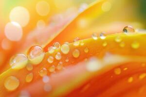 Close-up of dew drops on vibrant orange flower petals, soft bokeh background. photo