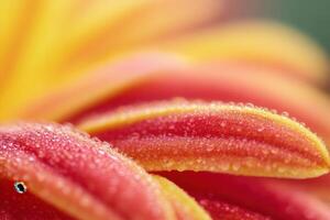Close-up of dew drops on vibrant red and yellow flower petals. photo