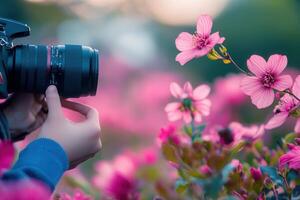 Close-up of hands holding a camera focused on pink flowers. photo