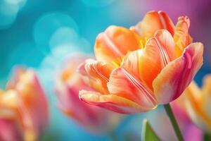 Close-up of vibrant orange tulips with soft bokeh background. photo