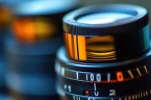 Close-up of vintage camera lenses with shallow depth of field. photo