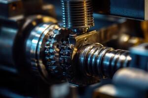 Close-up of precision metal gears and screws during machining. photo