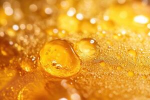 Close-up of golden, viscous liquid with bubbles and droplets. photo