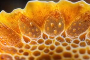 Close-up of honeycomb cells filled with golden honey. photo
