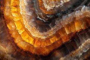 Close-up of layered orange and brown gemstone with crystalline texture. photo