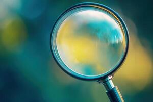 Close-up of magnifying glass reflecting blurred nature scene. photo