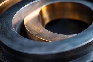 Close-up of metallic rings, intricate design, industrial texture. photo