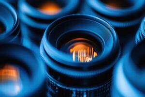 Close-up of multiple camera lenses with warm light reflecting. photo
