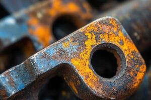 Close-up of rusty, weathered metal parts with holes, showing texture and wear. photo