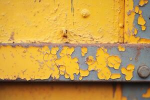 Close-up of rusty, peeling yellow paint on metal surface. photo