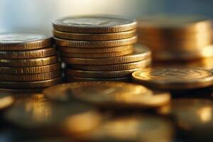 Close-up of stacked gold coins, representing wealth and finance. photo