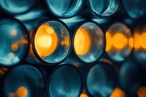 Close-up of stacked metal pipes with warm light reflections. photo
