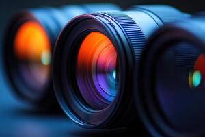 Close-up of three camera lenses with colorful reflections. photo
