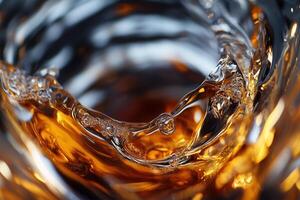 Close-up of swirling amber liquid in a glass. photo