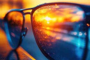 Close-up of sunglasses reflecting a vibrant sunset and city lights, with water droplets on the lenses. photo