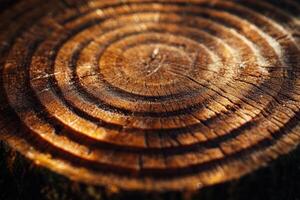 Close-up of tree stump's concentric rings, showing wood texture and age. photo