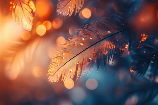 Close-up of translucent feathers with water droplets, bokeh background. photo