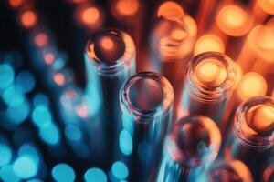 Close-up of transparent cylindrical bottles illuminated with vibrant orange and blue bokeh lights. photo