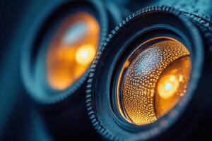 Close-up of two camera lenses with warm light reflections. photo