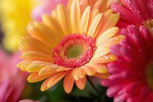 Close-up of vibrant orange and pink gerbera daisies with water droplets. photo