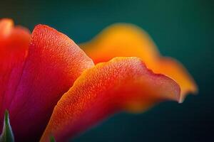 Close-up of vibrant orange and red flower petals against a dark green background. photo