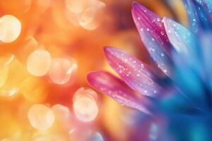 Close-up of vibrant purple and blue flower petals with water droplets, bokeh background. photo