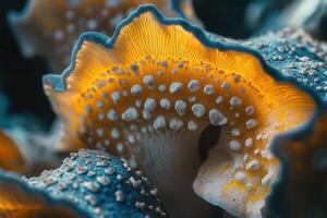 Close-up of vibrant yellow and blue mushrooms with white dots. photo
