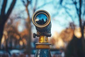 Close-up of vintage brass telescope reflecting trees. photo