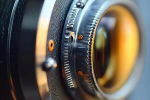 Close-up of vintage camera lens, detailed view of aperture and focus rings. photo