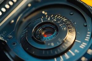 Close-up of vintage camera lens aperture and shutter speed settings. photo