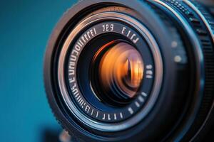 Close-up of vintage camera lens, reflecting sunset. photo