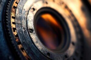 Close-up of vintage camera lens with gears and scratches. photo
