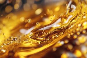 Close-up of golden liquid swirling, with bubbles and droplets. photo