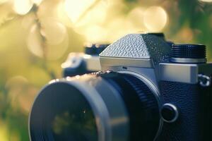 Close-up of vintage camera lens in nature. photo