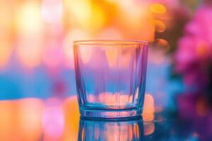 Empty glass on colorful blurred background. photo