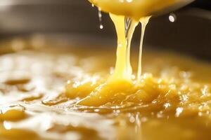 Golden liquid pouring into a bowl. photo