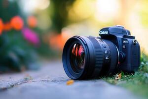 DSLR camera rests on ground, near flowers. photo