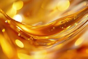 Golden liquid splash with bokeh lights. photo