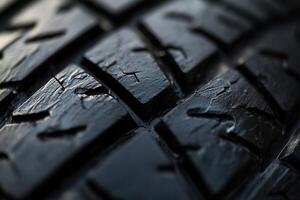 Close-up of worn tire tread, showing texture and cracks. photo
