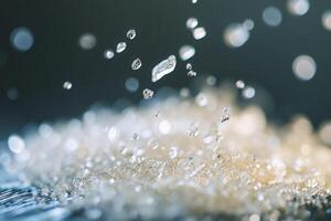 Close-up of water droplets splashing onto a surface of sugar crystals. photo