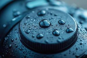 Close-up of water droplets on a dark, textured dial. photo