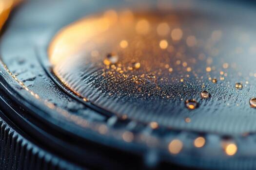 Close-up of water droplets on a dark, textured surface, illuminated by warm light. photo