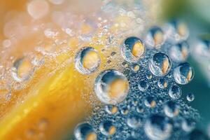 Close-up of water droplets on a lemon slice, vibrant colors and textures. photo