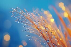 Dew drops on a soft, orange feather against a bokeh background. photo