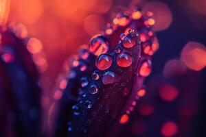 Dew drops on dark purple flower petals, vibrant bokeh background. photo