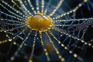 Dewdrops on a spiderweb, close-up. photo