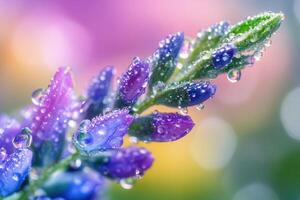 Dew-kissed purple and blue flowers with bokeh background. photo