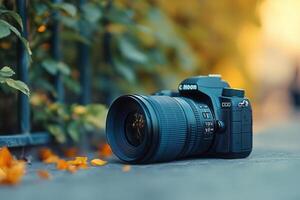 DSLR camera rests on ground near foliage. photo